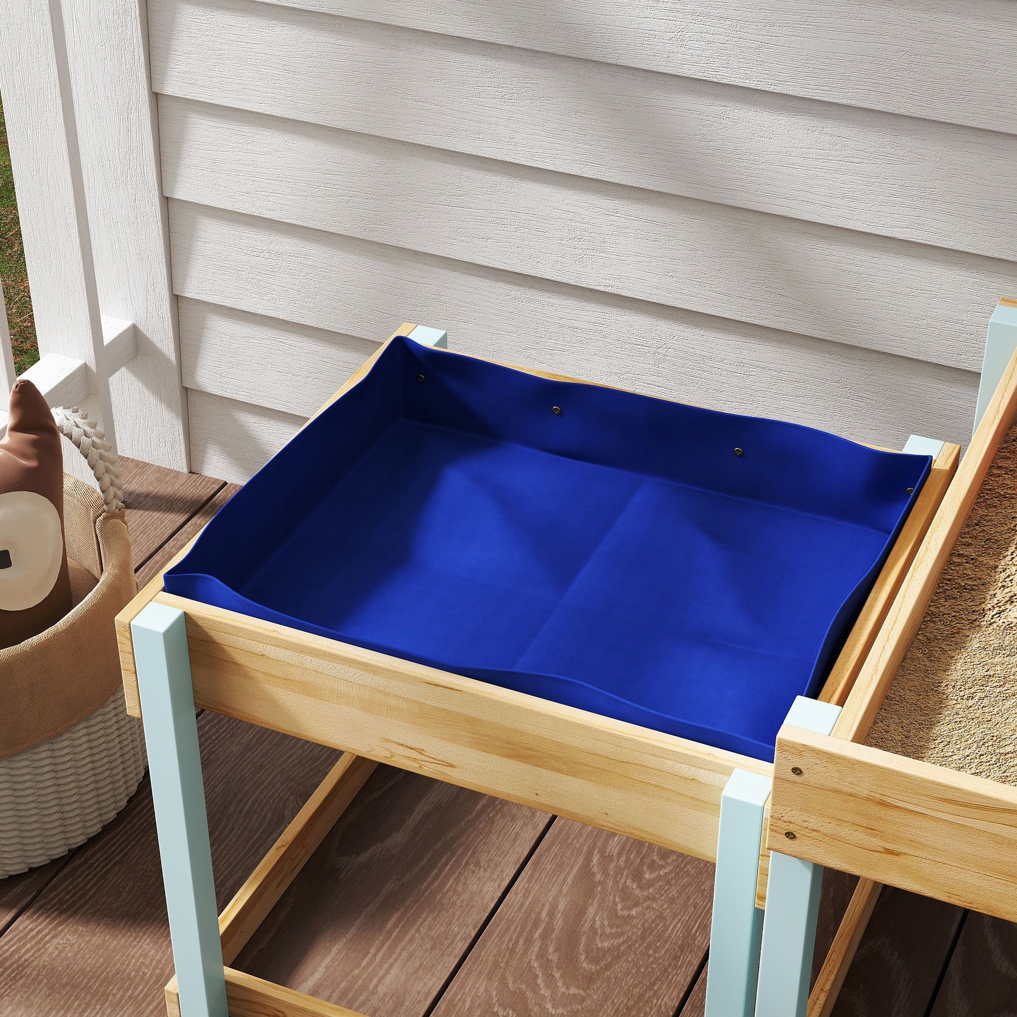 Blue waterproof tray of aiyaplay natural fir wood outdoor sand and water play table for kids aged 3 to 8 years