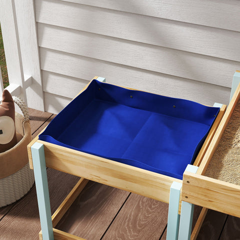 Blue waterproof tray of aiyaplay natural fir wood outdoor sand and water play table for kids aged 3 to 8 years