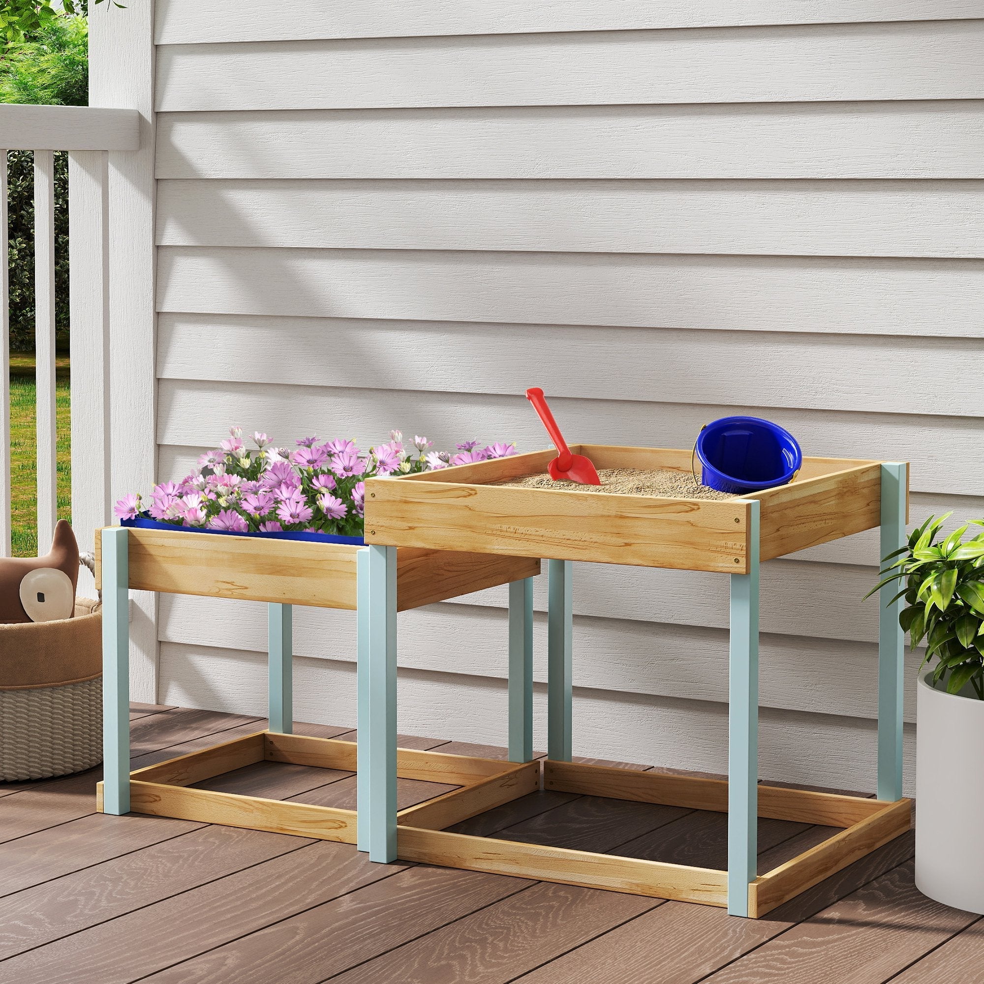 Aiyaplay 2 pcs wooden outdoor sand and water play tables in natural fir wood finish with purple flowers and toys