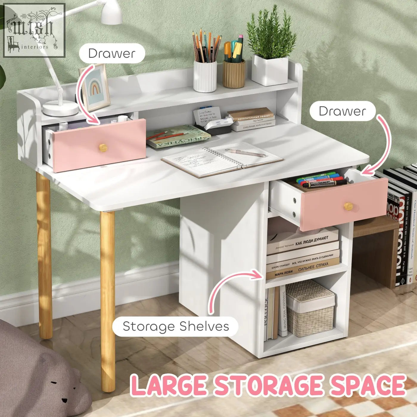 White kids desk with pink drawers wooden legs and built-in lamp featuring wide desktop and storage shelves in chair set