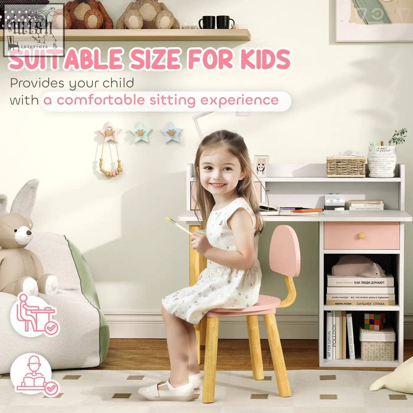 Pink wooden kids desk chair set with rounded backrest and wide desktop for study and play by aiyaplay