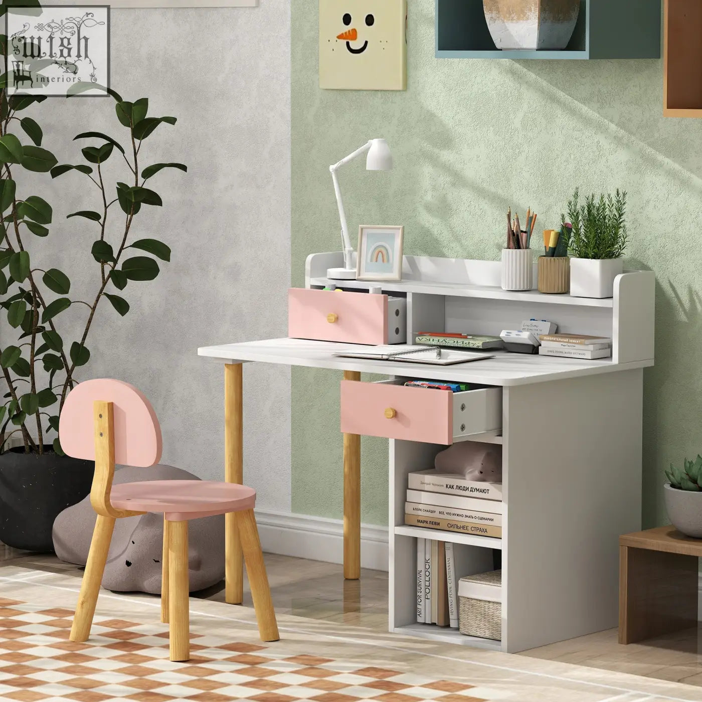 White desk with pink drawers and wooden legs kids desk and chair set with wide desktop and storage shelves