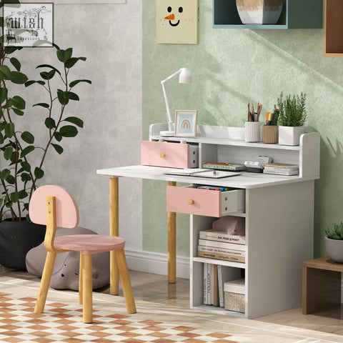 White desk with pink drawers and wooden legs kids desk and chair set with wide desktop and storage shelves