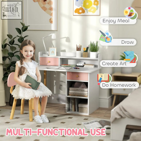 Aiyaplay white and pink kids desk and chair set with wooden legs, drawers, shelves, and a wide desktop for study