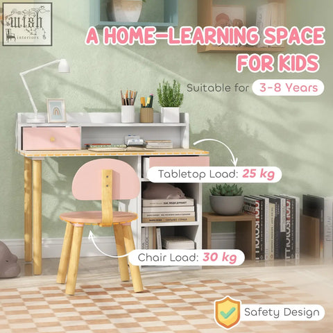 Aiyaplay pink and wooden kids desk and chair set with wide desktop, storage drawer, shelves, and a white lamp