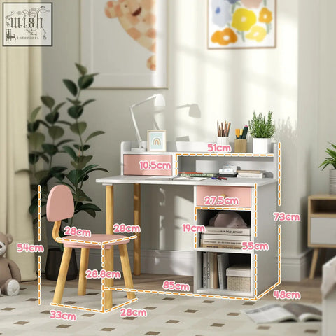 Aiyaplay kids desk and chair set in pink and white with wooden legs wide desktop and storage drawer shelves
