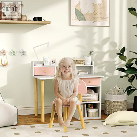 Pink kids desk chair set with wooden legs and matching pink seat cushion for a wide desktop study area