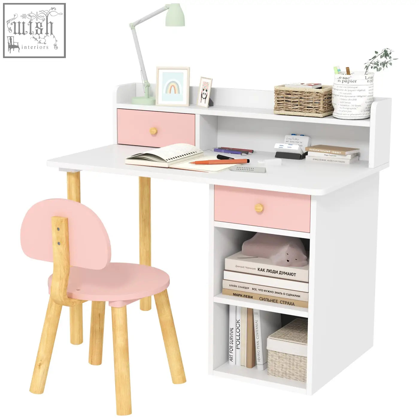 Aiyaplay pink and white kids desk and chair set with wooden legs wide desktop storage drawer and shelves