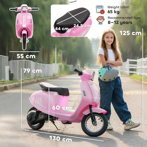 Pink aiyaplay kids electric motorbike with black seat and handlebars classic vespa style and bright led lights