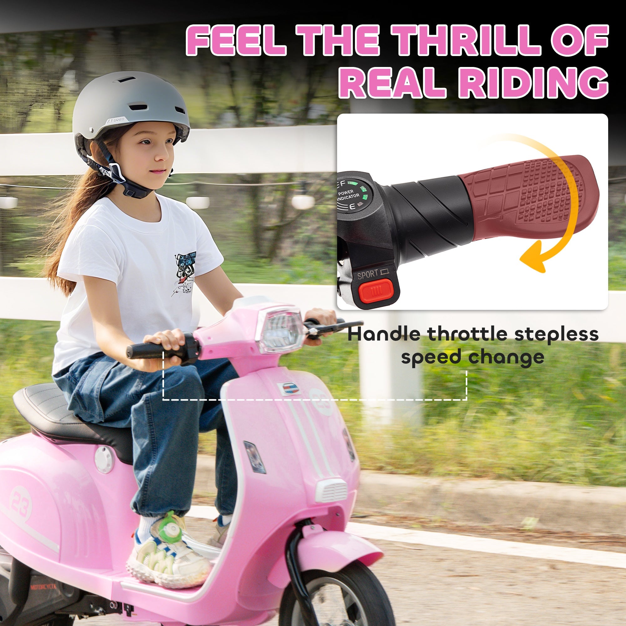 Pink aiyaplay kids electric motorbike with manual throttle bright led lights and gray helmet on rider