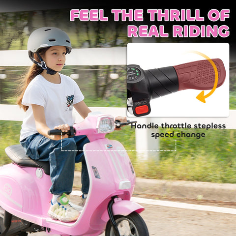 Pink aiyaplay kids electric motorbike with manual throttle bright led lights and gray helmet on rider