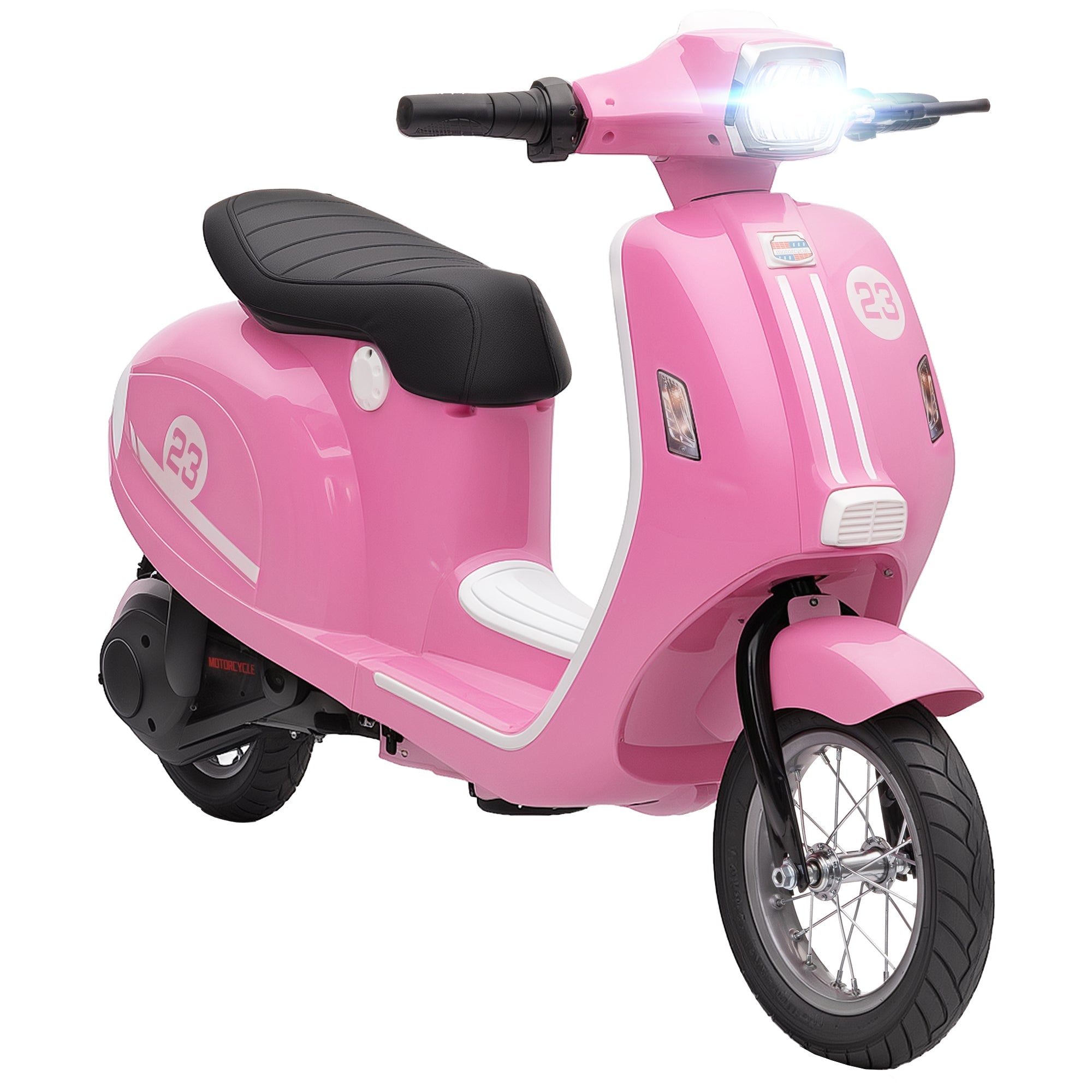 Aiyaplay pink kids electric motorbike with black seat white accents bright led lights and manual throttle for ages 8-12