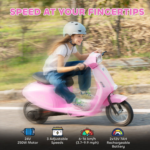 Pink aiyaplay kids electric motorbike with manual throttle and bright led lights, paired with a white helmet
