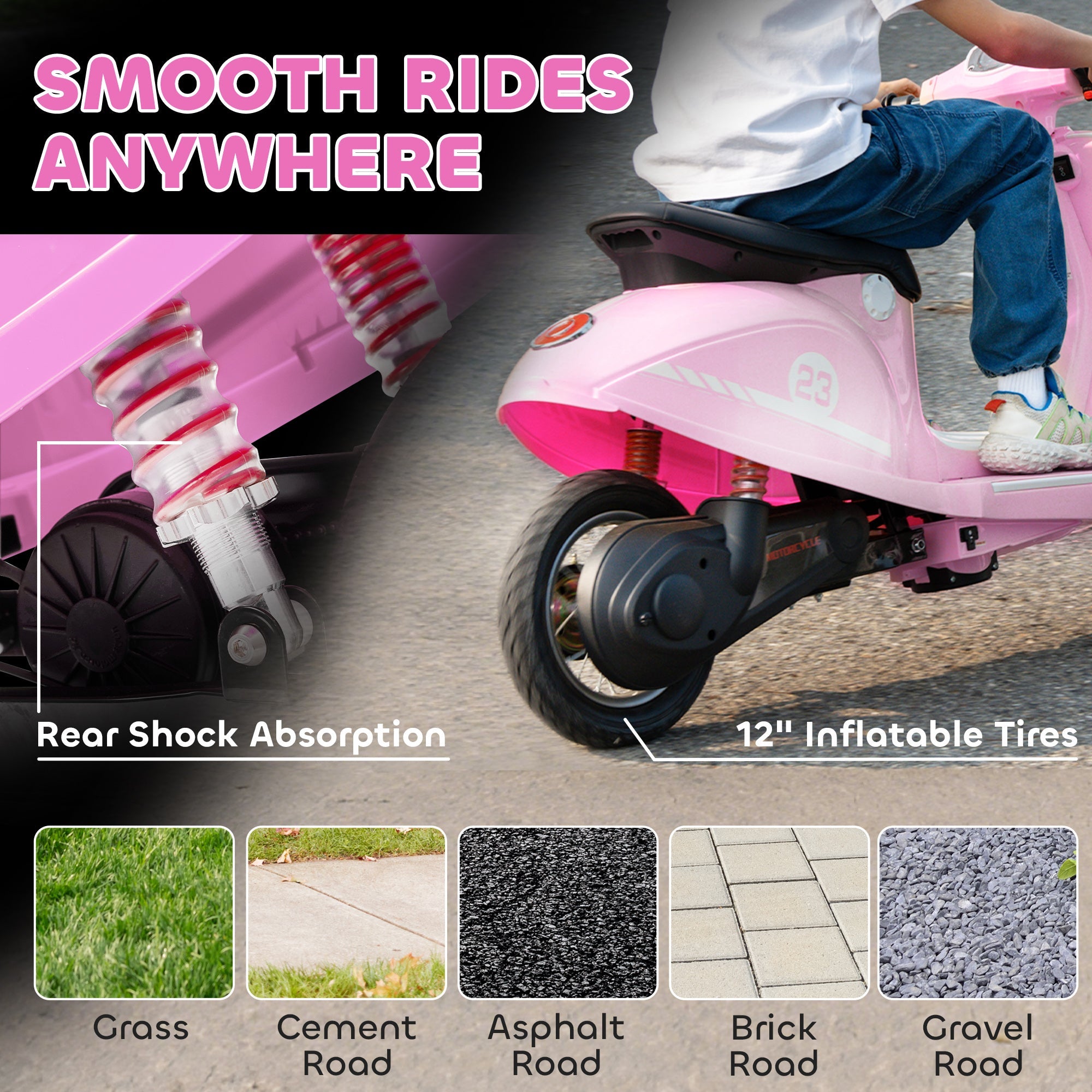 Pink AIYAPLAY kids electric motorbike with inflatable tires rear shock absorption and bright led lights for ages 8-12