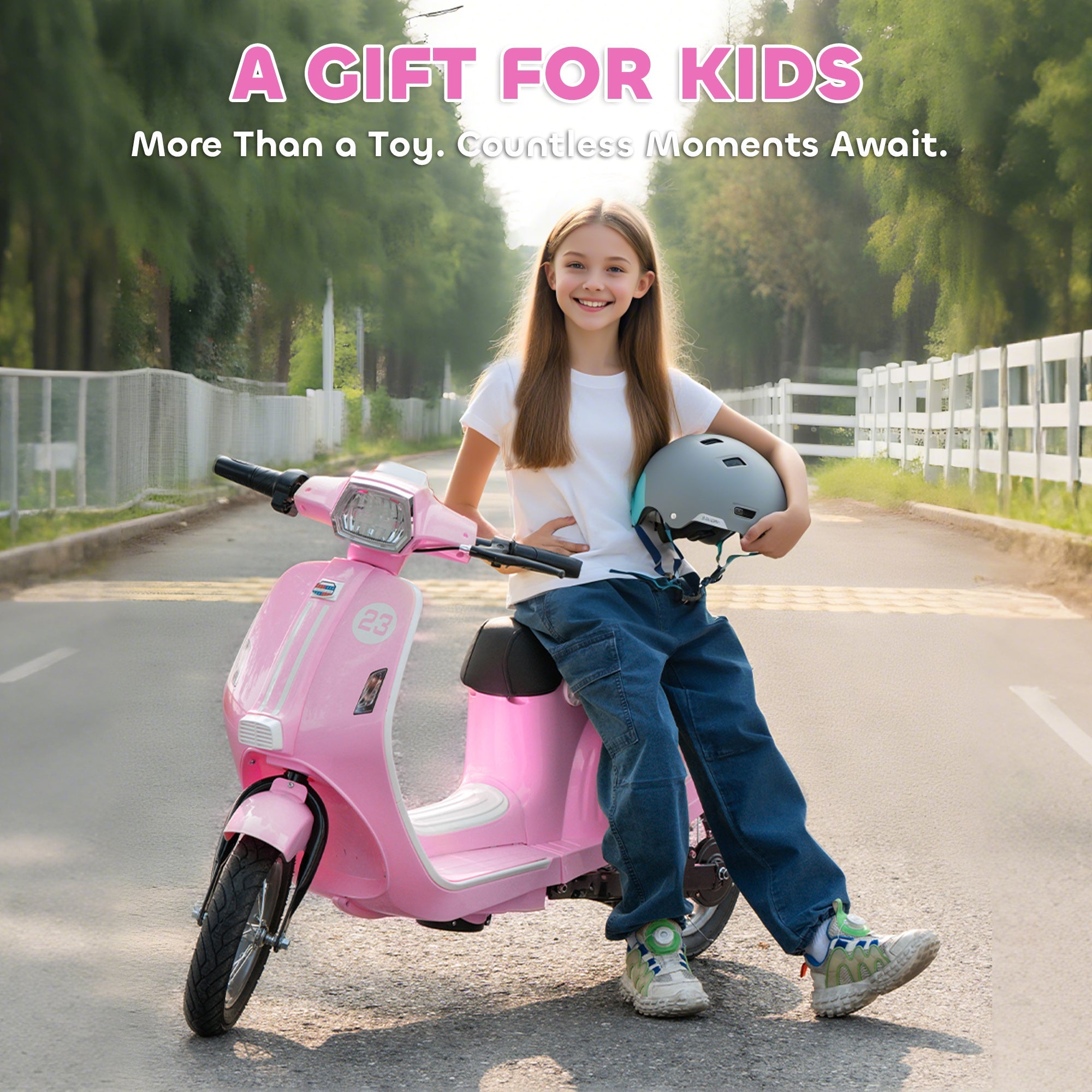 Pink aiyaplay kids electric motorbike with manual throttle bright led lights black handlebars and silver helmet held by rider