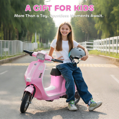 Pink aiyaplay kids electric motorbike with manual throttle bright led lights black handlebars and silver helmet held by rider