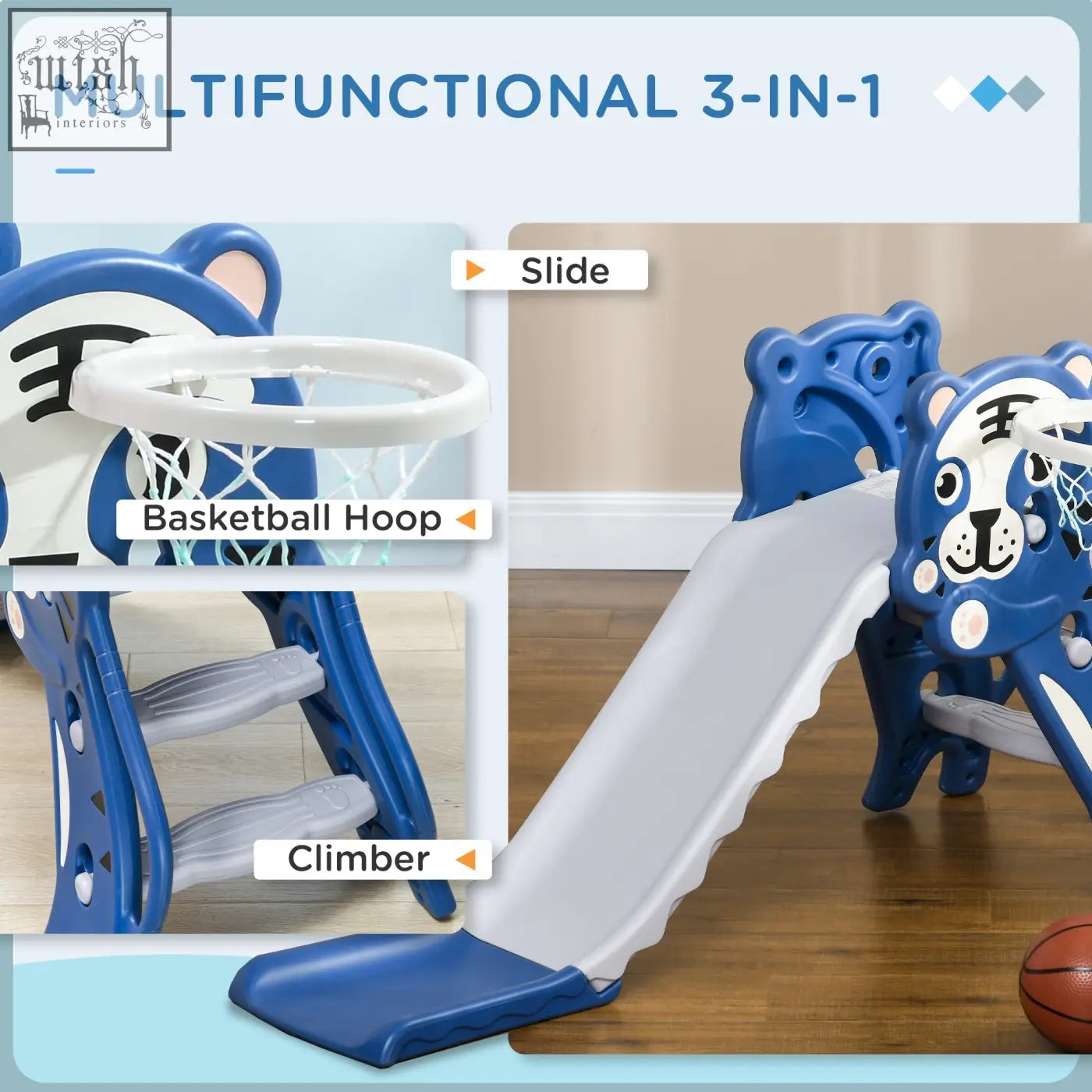 Blue aiyaplay kids slide 3 in 1 plastic playset with basketball hoop climber for indoor use ages 18 to 36 months