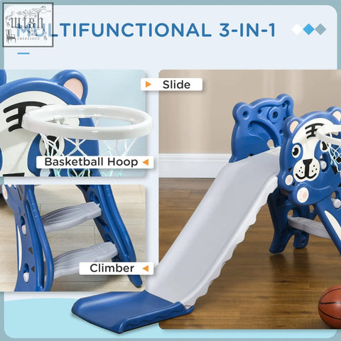 Blue aiyaplay kids slide 3 in 1 plastic playset with basketball hoop climber for indoor use ages 18 to 36 months