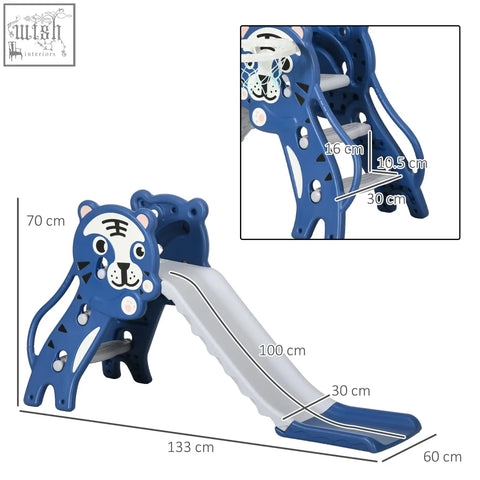 Blue tiger-themed kids slide with white surface black accents and basketball hoop for indoor use by AIYAPLAY