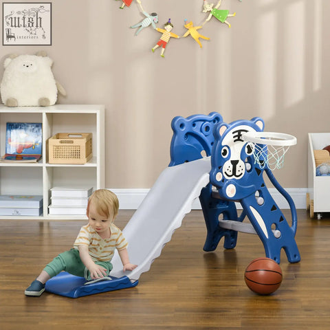 Blue plastic kids slide with tiger theme and basketball hoop with white net for indoor use by AIYAPLAY
