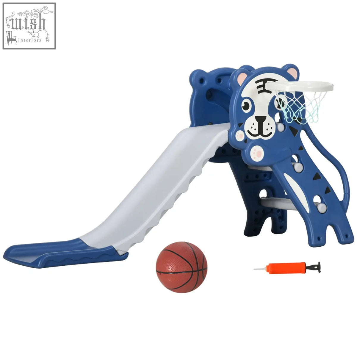 Blue tiger-themed plastic kids slide with basketball hoop and orange pump for indoor play ages 18-36 months