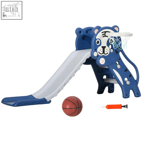 Blue tiger-themed plastic kids slide with basketball hoop and orange pump for indoor play ages 18-36 months
