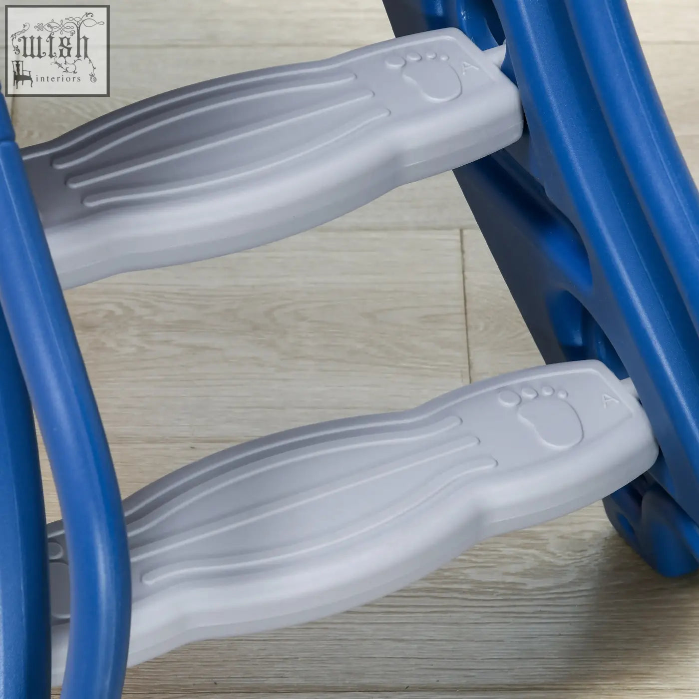 Blue and gray plastic toddler ladder with foot-shaped grips for aiyaplay kids slide and basketball hoop set