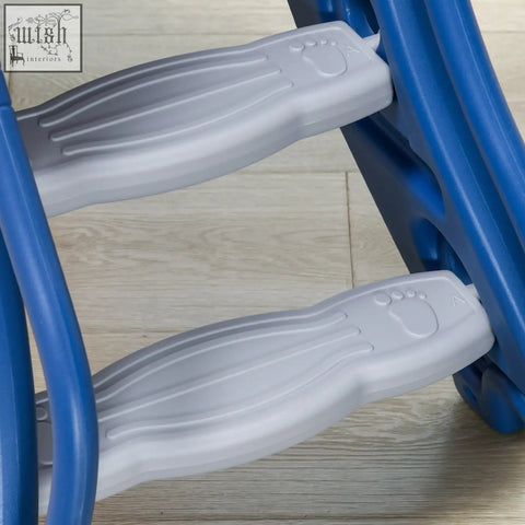 Blue and gray plastic toddler ladder with foot-shaped grips for aiyaplay kids slide and basketball hoop set