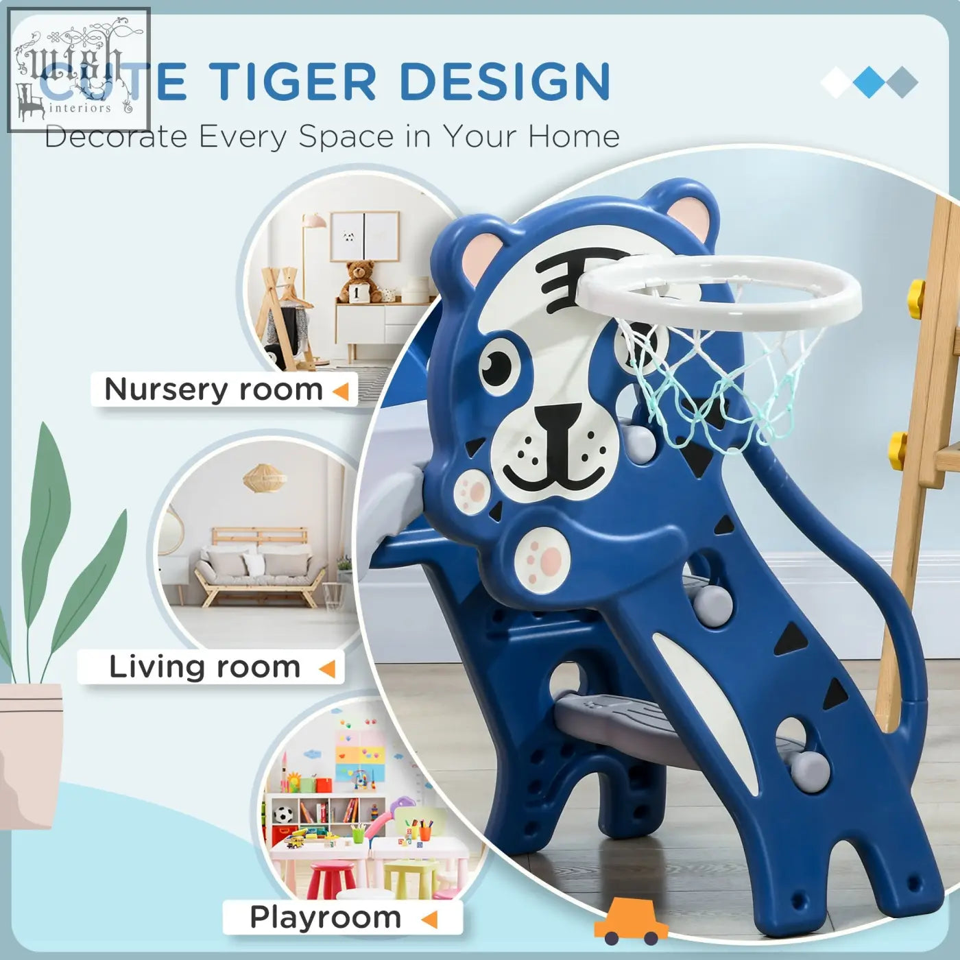 Blue plastic tiger-shaped kids slide with built-in basketball hoop and net for indoor use by AIYAPLAY