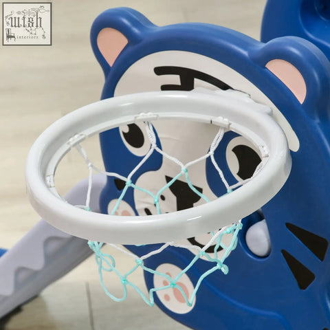 Blue aiyaplay kids slide with bear-themed plastic basketball hoop white rim and light blue net for ages 18-36 months