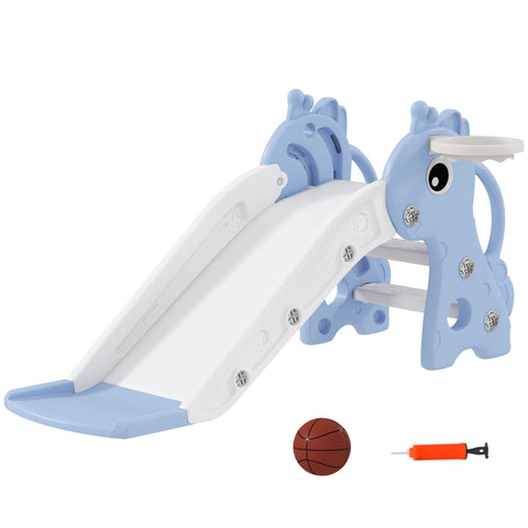 Blue and white plastic giraffe-themed kids slide with non-slip pedals and basketball hoop for ages 1-3 indoor use