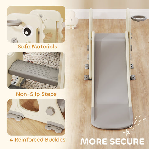 Cream-colored plastic aiyaplay kids slide with climber basketball hoop and reinforced buckles for safety and fun