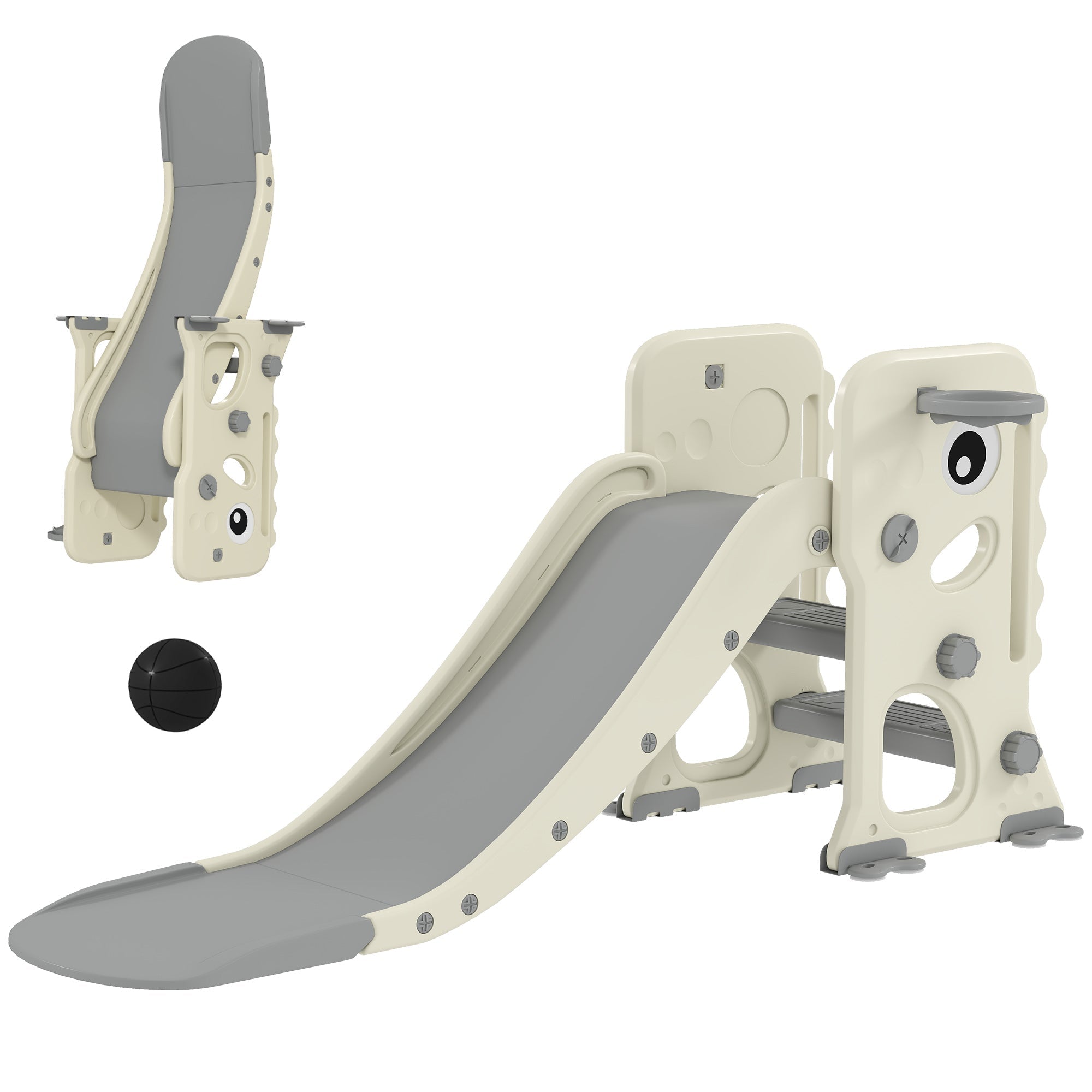 Gray and cream kids slide with foldable design and playful eye cutouts featuring reinforced buckles and basketball hoop
