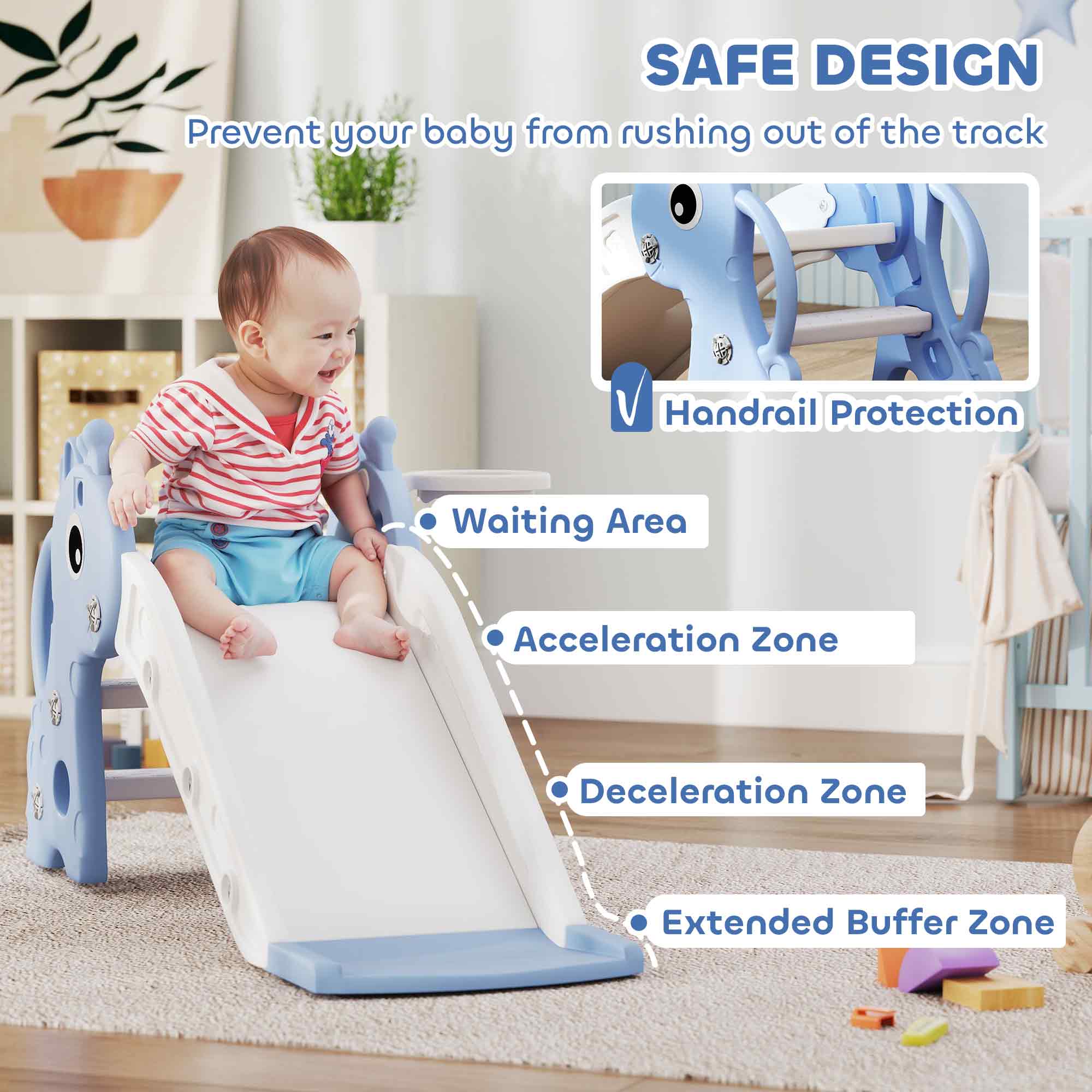 Blue and white plastic elephant-shaped kids slide with non-slip pedals and basketball hoop for toddlers 1-3 years