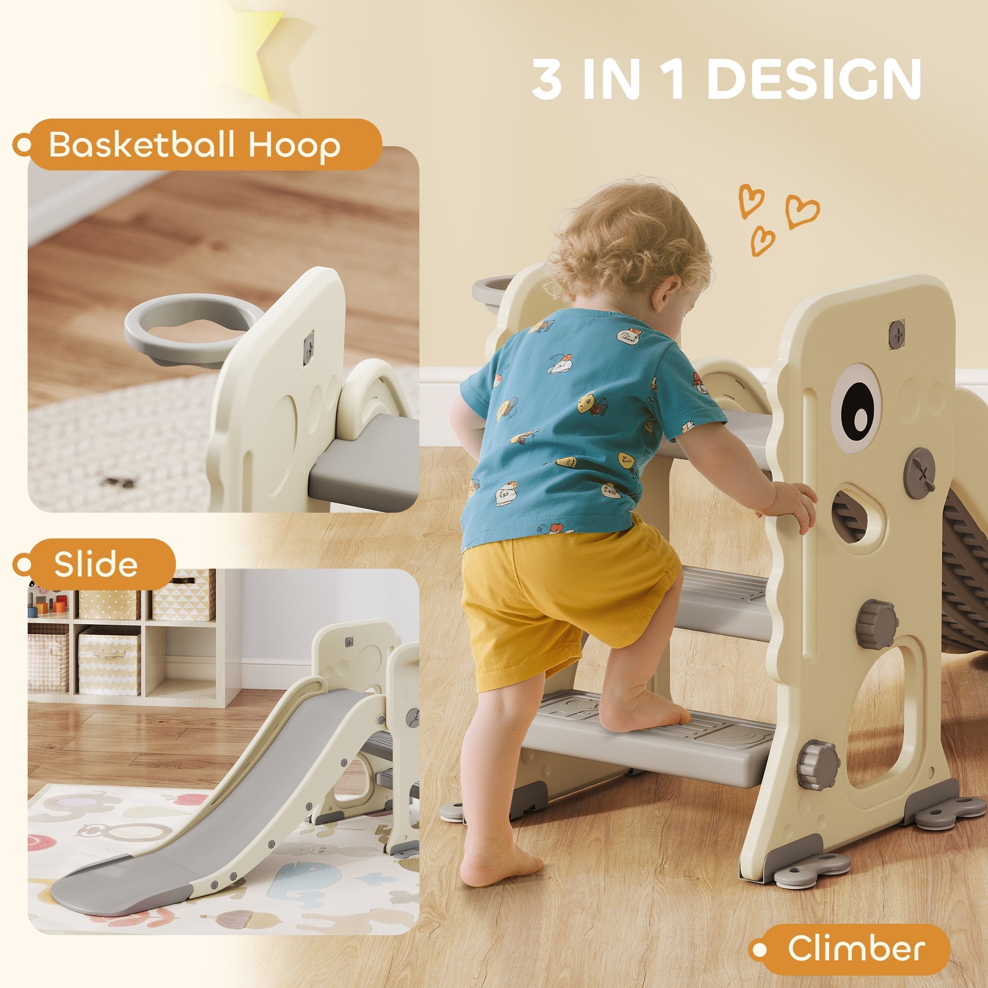 Cream-colored plastic kids slide with climber and basketball hoop featuring reinforced buckles for indoor toddlers