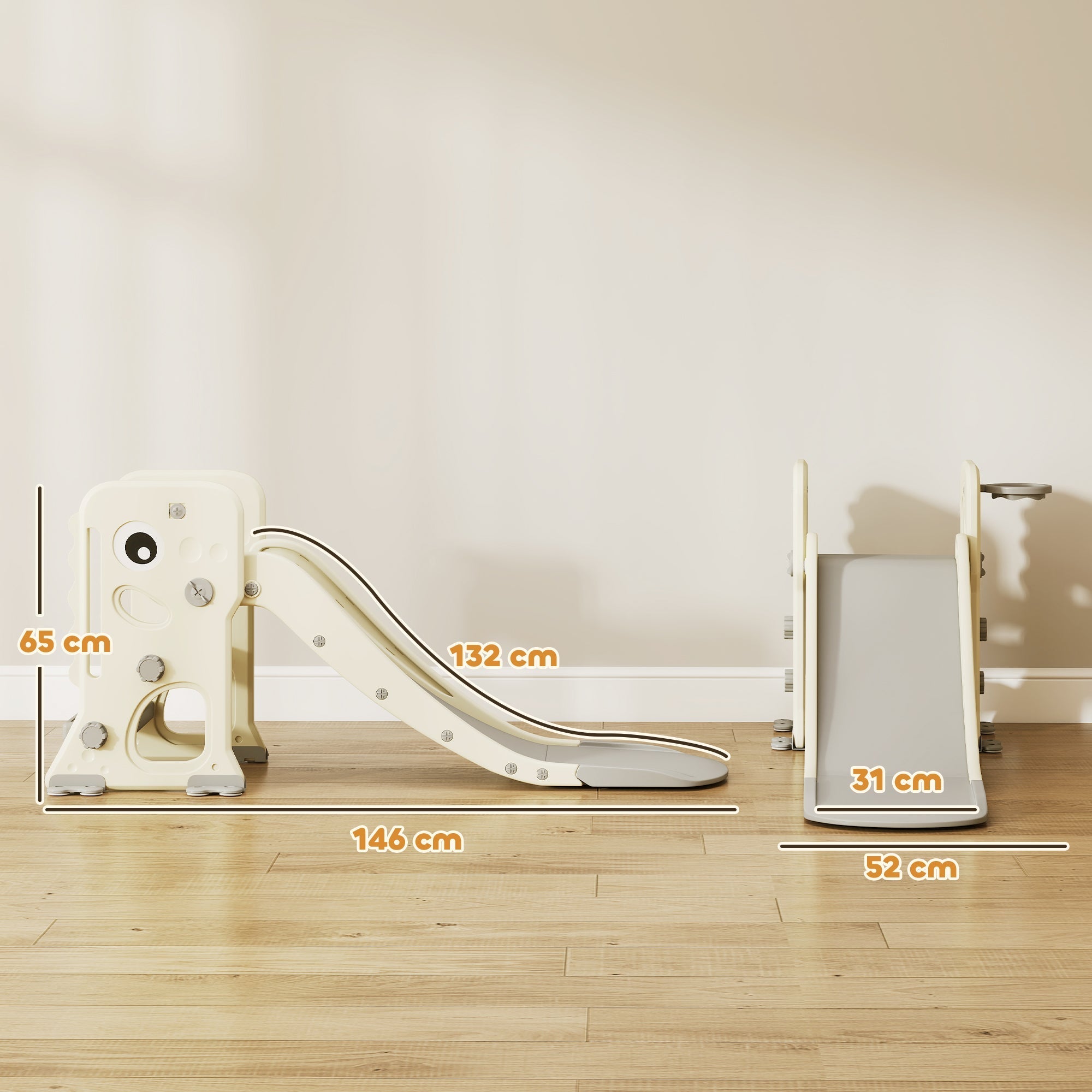 Cream-colored plastic kids slide with climbing features and basketball hoop with reinforced buckles provide safety