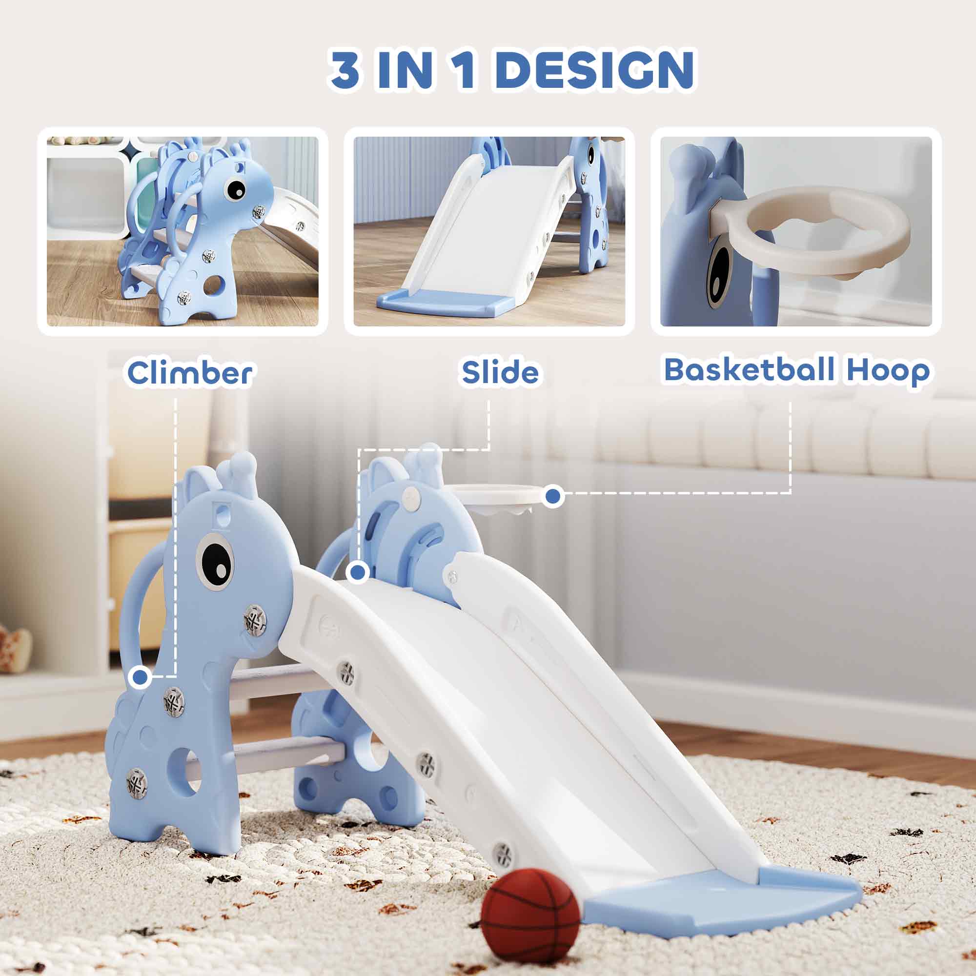 Light blue ai Yaplay 3 in 1 kids slide with non-slip pedals and basketball hoop for indoor play ages 1-3