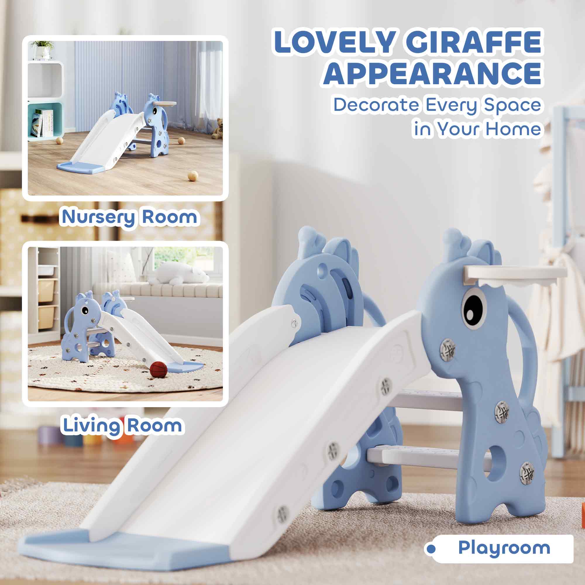 Light blue plastic giraffe shaped kids slide with white slide surface non slip pedals and basketball hoop for ages 1 to 3