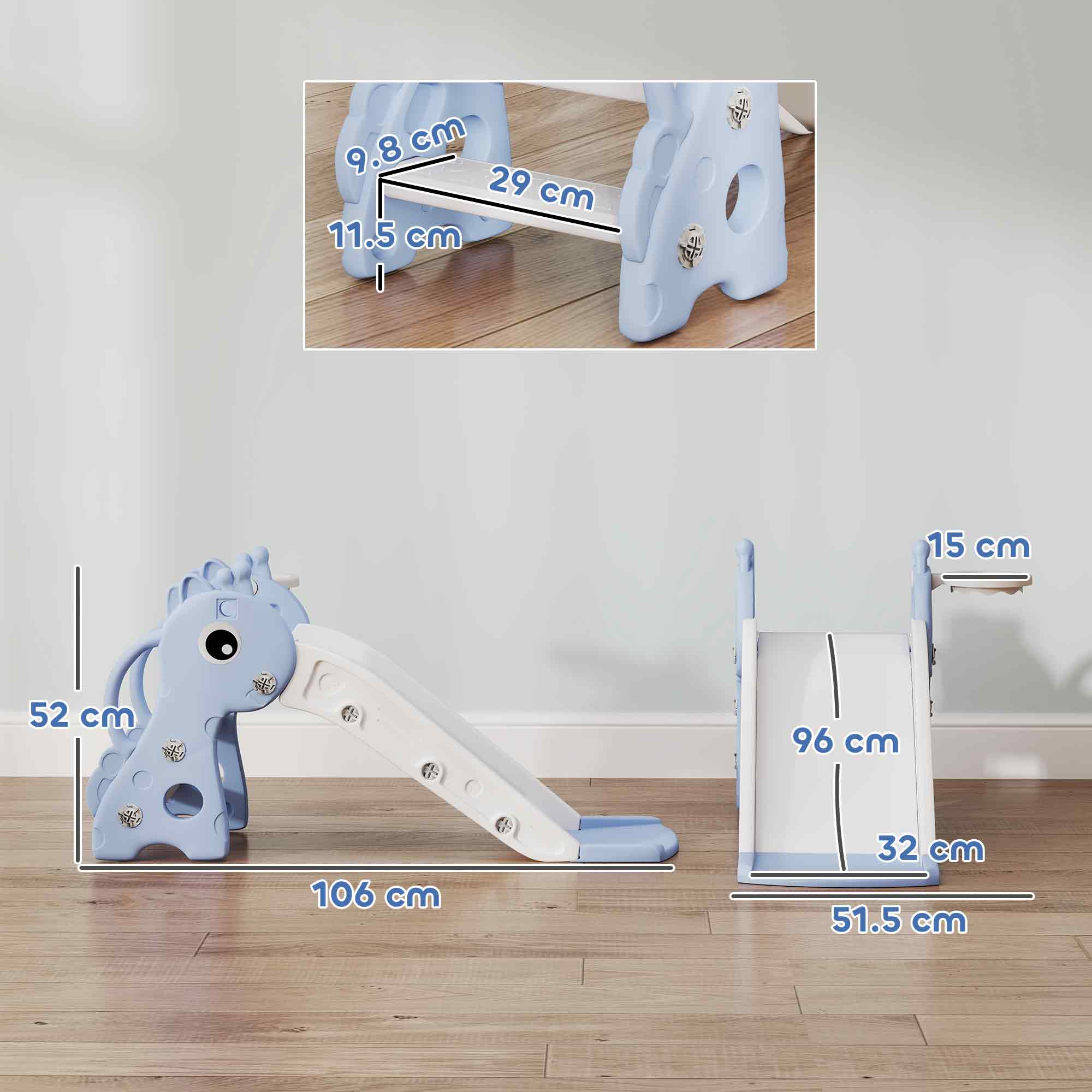 Light blue aiayaplay kids slide with giraffe shape, white slide surface, basketball hoop, and non-slip pedals