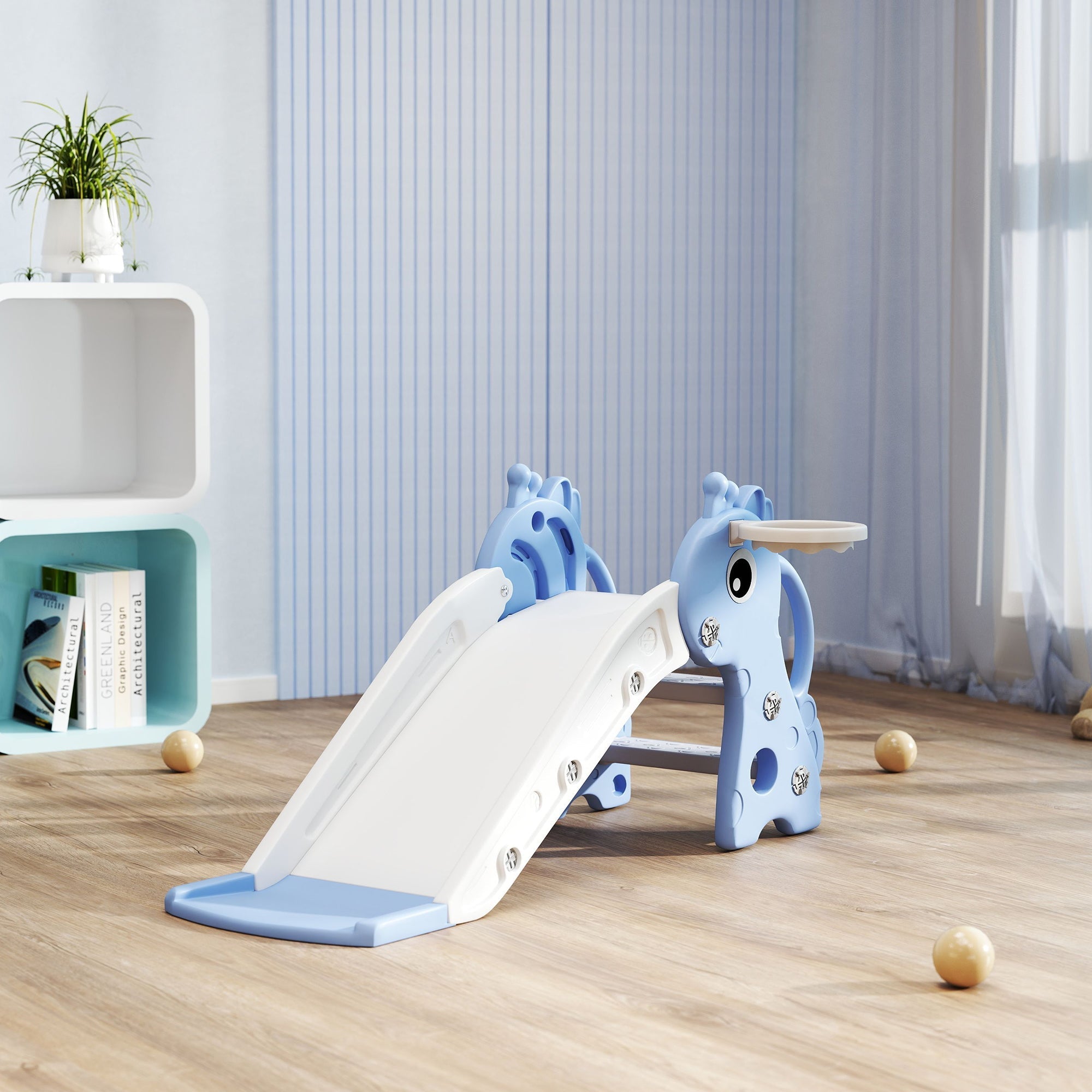 Light blue ai yaplay kids slide with non-slip pedals, basketball hoop, and white giraffe-shaped sliding surface