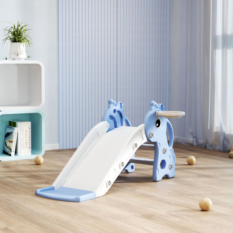 Light blue ai yaplay kids slide with non-slip pedals, basketball hoop, and white giraffe-shaped sliding surface