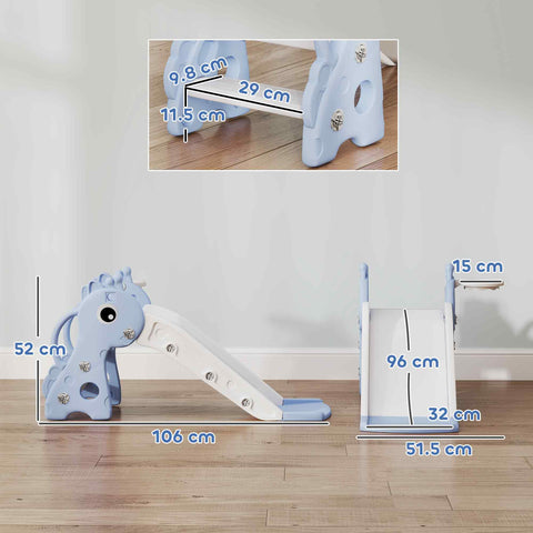 Light blue aiayaplay kids slide with giraffe shape, white slide surface, basketball hoop, and non-slip pedals