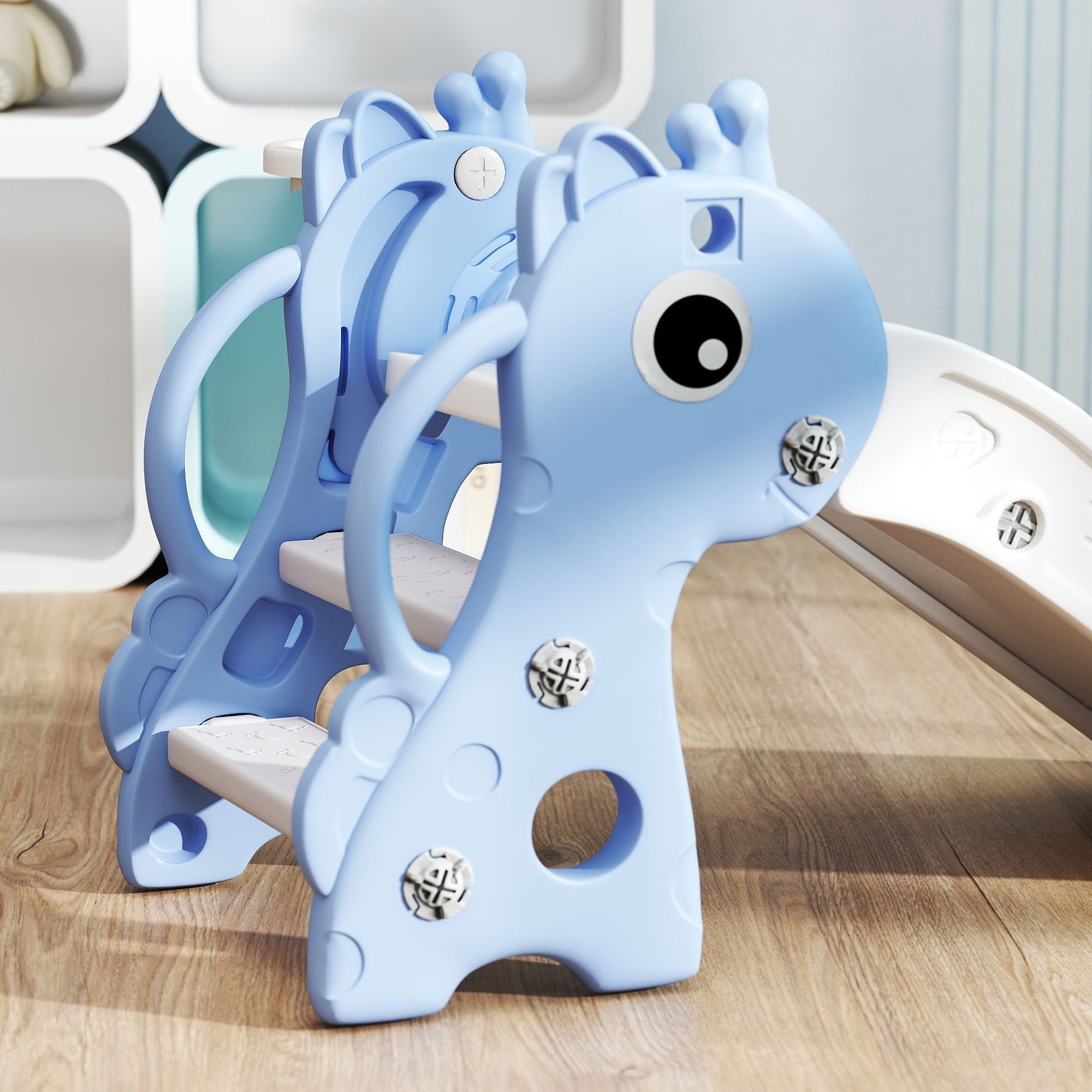 Light blue plastic giraffe kids slide with white non-slip pedals and basketball hoop for indoor toddler play