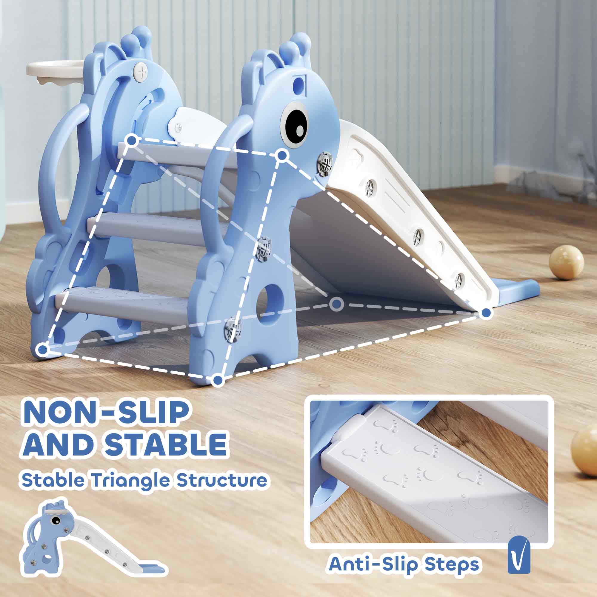 Blue AIYAPLAY kids slide shaped like a giraffe with non-slip pedals and a basketball hoop for indoor play ages 1-3