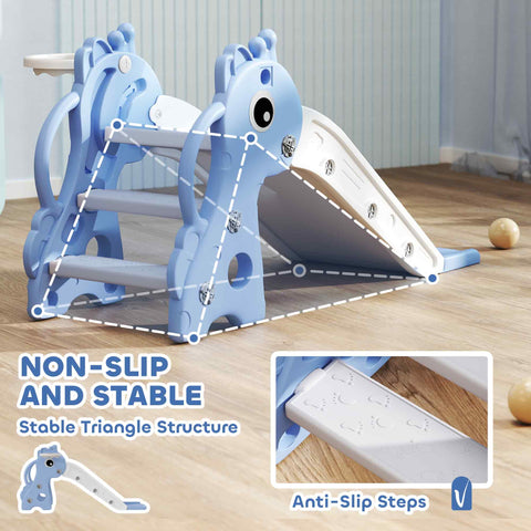 Blue AIYAPLAY kids slide shaped like a giraffe with non-slip pedals and a basketball hoop for indoor play ages 1-3