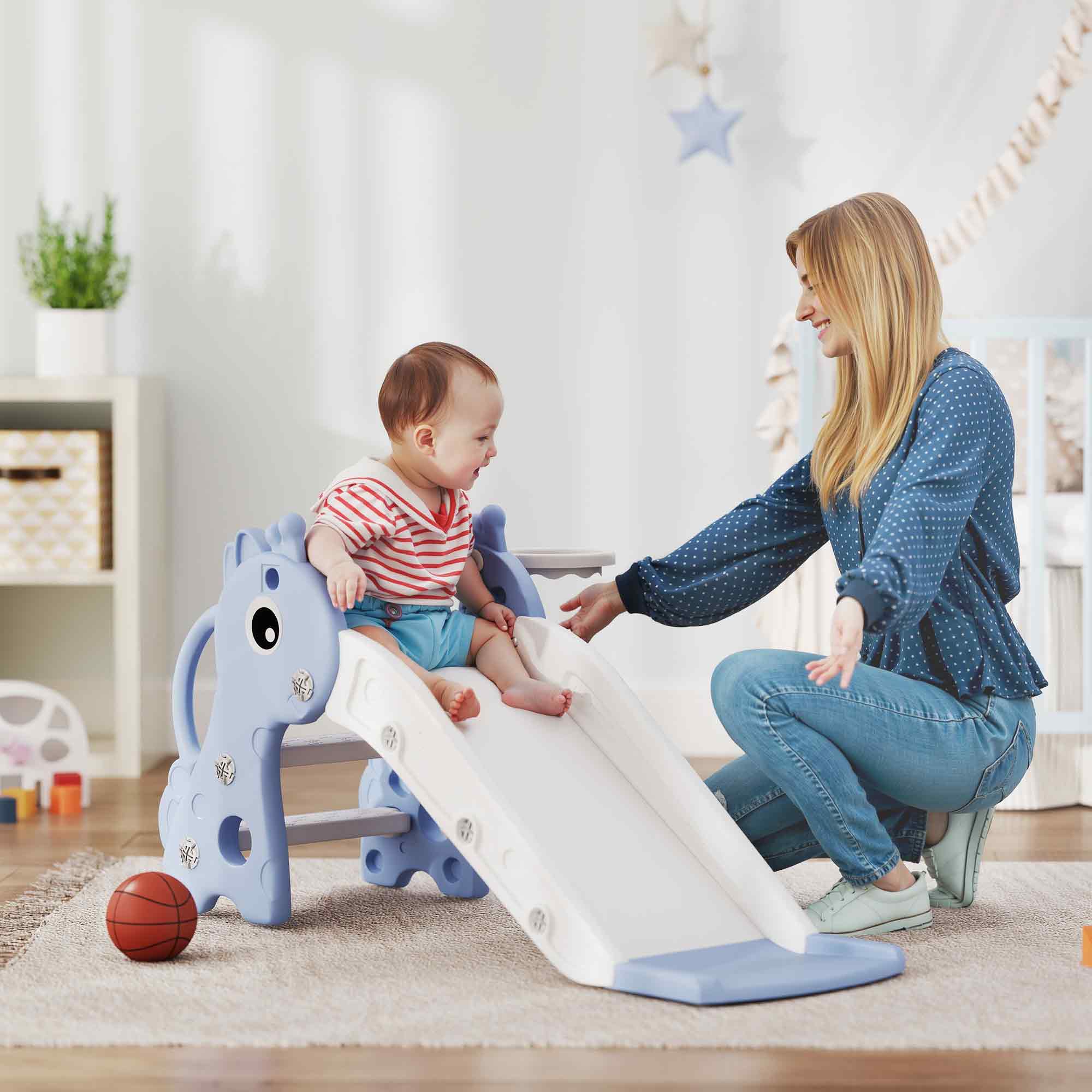 Blue aiya play kids slide with giraffe shape, non-slip pedals, and basketball hoop for indoor ages 1-3