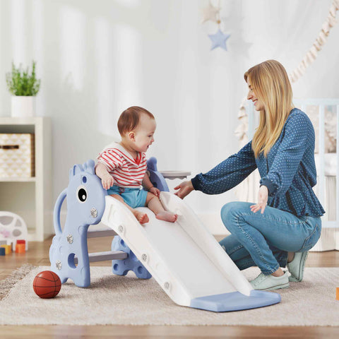 Blue aiya play kids slide with giraffe shape, non-slip pedals, and basketball hoop for indoor ages 1-3