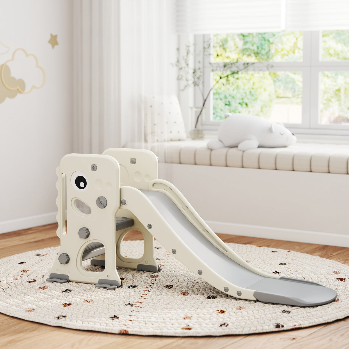 Cream-colored plastic kids slide with basketball hoop and reinforced buckles provide safe indoor play for toddlers