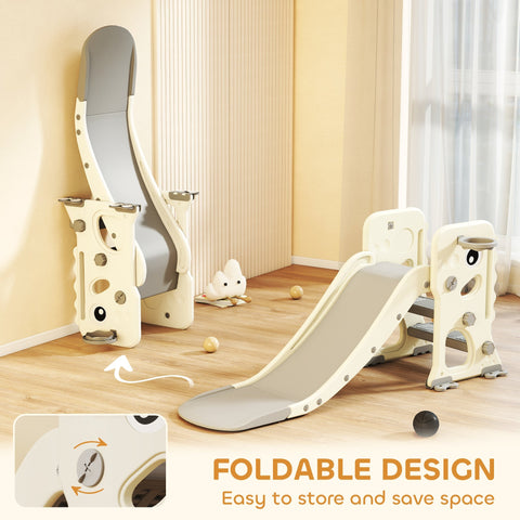 Cream and gray plastic kids slide with foldable design reinforced buckles provide safety and includes basketball hoop