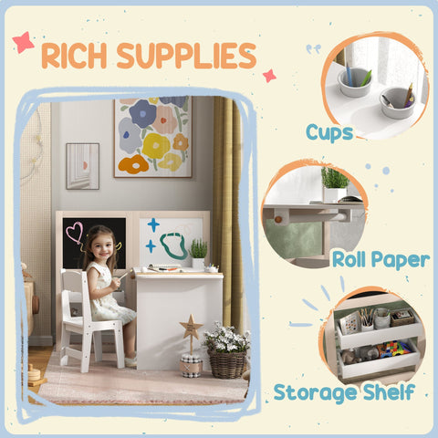 White kids table and chair set with chalkboard surface and integrated roll paper storage for children 3-8 years